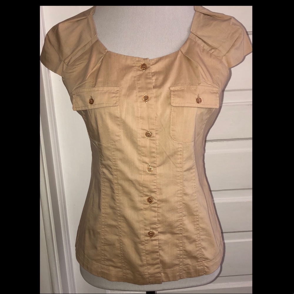 New York & Co Beige Cap Sleeve Button Up Top, Sz S